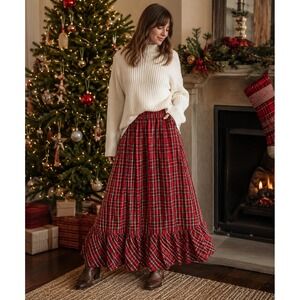 Vtg Red Plaid Maxi Skirt Ruffle Hem Christmas Tartan Made in USA Small You Babes